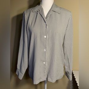 EUC Button Down Shirt: Vertical Black/White Stripes, Small Shoulder Pads, Vtg